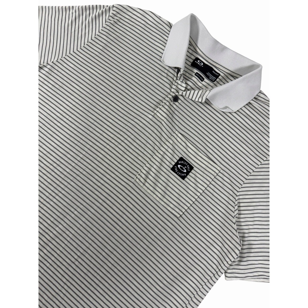 Oakley Golf Polo Shirt Mens XL Gray Striped Pocket Regular Fit Performance